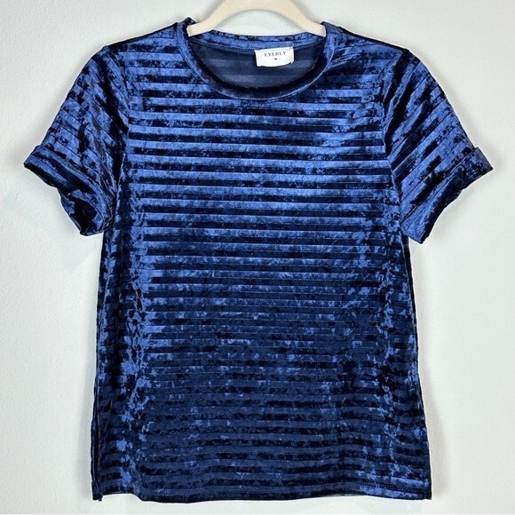 Everly Velvet Blue Velour Short Sleeve Striped Shirt S - Picture 1 of 8